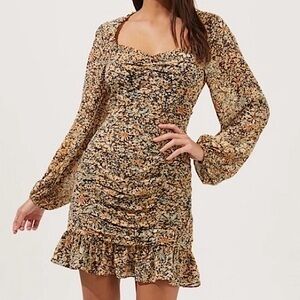 Astr Marcella Floral Ruched Dress with Bishop Sleeves and Sweetheart Neckline